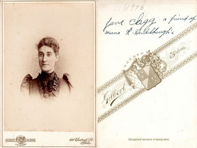 Click to view full size image
==============
Jane Clegg
This Cabinet Card Photo States: "Jane Clegg, a friend if Mana R. Heidelbaugh's"
The Photographers name is "Gilbert Studio", Philadelphia, Pennsylvania
Jane Clegg
This Cabinet Card Photo States: "Jane Clegg, a friend if Mana R. Heidelbaugh's"
The Photographers name is "Gilbert Studio", Philadelphia, Pennsylvania