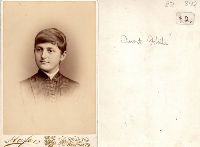 Katie

This was Donated by Jody Hansen

This Cabinet Card Photo States: "Aunt Katie"

The Photographers name is "Hafer", Reading, Pennsylvania
