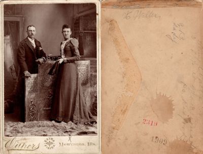 Click to view full size image
==============
Henry Walter
This Cabinet Card Photo States: "Henry Walter & C. B., Lady"
The Photographers name is "Withers", Moweaqua, Illinois
Henry Walter
This Cabinet Card Photo States: "Henry Walter & C. B., Lady"
The Photographers name is "Withers", Moweaqua, Illinois