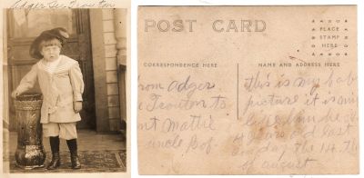 Adgar Lee Trouton

The front of this cut Real Photo Postcard (RPPC) States: "Adgar Lee Trouton"

The back of the cut Real Photo Postcard (RPPC) States: "From Adger Trouton, Aunt Mattie & Uncle Bob. This is my baby picture it is __ like Linn______4 years old last Sunday the 14th of August"

