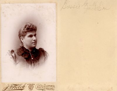 Click to view full size image
==============
Gussie M. Jackson
This Cabinet Card Photo States: "Gussie M. Jackson"
The Photographers name is "J. F. Welch", Youngstown, Ohio
Gussie M. Jackson
This Cabinet Card Photo States: "Gussie M. Jackson"
The Photographers name is "J. F. Welch", Youngstown, Ohio