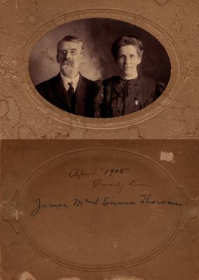 Click to view full size image
==============
Corp. James M. Thoroman & Emma F. Baird Thoroman
This photo mounted on board states: "April 1905, Waverly, Kansas. James M. & Emma Thoroman"
Corp. James M. Thoroman & Emma F. Baird Thoroman
This photo mounted on board states: "April 1905, Waverly, Kansas. James M. & Emma Thoroman"