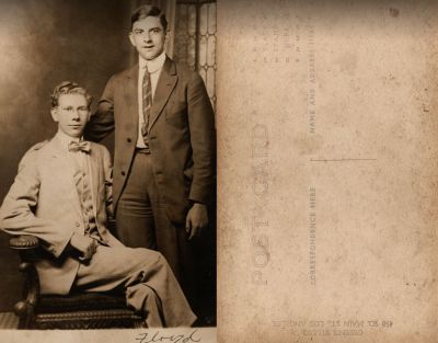 Floyd Waldo Mahla & Unidentified

THIS HAS BEEN RETURNED TO FAMILY

This Real Photo Postcard (RPPC) States: "Floyd"

The Photographers name is "Green's Studio", Los Angeles, California.

