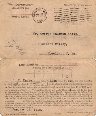 George Thurman Knote

This was Donated by Linda Zinn.

This is A Notice of Classification for World War I for George Thurman Knote.

