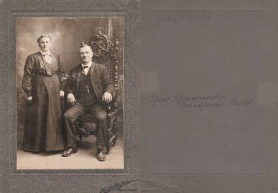 Click to view full size image
==============
Conrad Brehl & Anna Agnes Herm Grean Brehl
THIS HAS BEEN RETURNED TO FAMILY
This photo mounted on board states: "Conrad Brehl. Great Grandmother, Great Grandfather Brehl"
The Photographers name is "The Weller Studio", Washington, Pennsylvania.
Conrad Brehl & Anna Agnes Herm Grean Brehl
THIS HAS BEEN RETURNED TO FAMILY
This photo mounted on board states: "Conrad Brehl. Great Grandmother, Great Grandfather Brehl"
The Photographers name is "The Weller Studio", Washington, Pennsylvania.