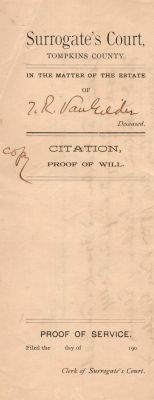 Click to view full size image
==============
Tobias R. Van Gelder
Citation-Proof of Will in the matter of the estate of Tobias. R. Van Gelder, 1903
Tobias R. Van Gelder
Citation-Proof of Will in the matter of the estate of Tobias. R. Van Gelder, 1903
