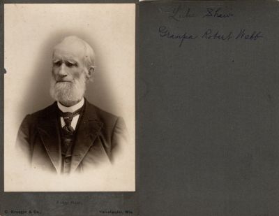 Robert Webb

This Cabinet Card Photo States: "Lulu Shaw, Grandpa Robert Webb"

The Photographers name is "C. Kruger & Co.", Rhinelander, Wisconsin

