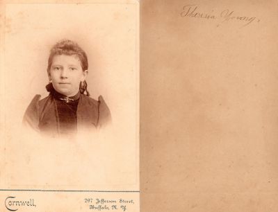 Theresa Rosina Young

THIS HAS BEEN RETURNED TO FAMILY

This was Donated.

This Cabinet Card Photo States: "Theresia Young"

The Photographers name is "Cornwell", Buffalo, New York.

NOTE: Her married name is Theresa Rosina Young Ganfloff
