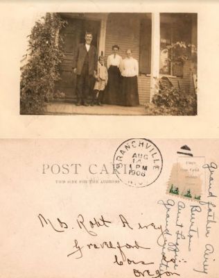 Grandfather Airey/Burton/Aunt Lizzie & Grandmother

THIS HAS BEEN RETURNED TO FAMILY

This Real Photo Postcard (RPPC) States: "Grandfather Airey, Burton, Aunt Lizzie & Grandmother"

The Real Photo Postcard (RPPC) is addressed to Mrs. Robert Airey.

It is Dated 14 August 1906.
