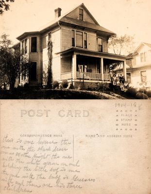 Mother Knight

This was Donated by Linda Zinn

This Real Photo Postcard (RPPC) States: "this is our house the one with the black dress on is Mother Knight, the one with the white apron on and holding the little boy is me, the one with the baby is G___? with and then are his twelve children"
