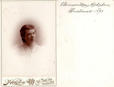 Florence May Hodgdon

This was Donated

This Cabinet Card Photo States: "Florence May Hodgdon, Christmas 1893"

The Photographers name is "Holden", Worcester, Massachusetts
