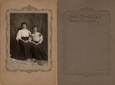 Zella R. “Zelie” Gooch Tackett & Hattie Lehellah Gooch Day

This was Donated by Joanne Hagood Martin.

This mounted photo on board states: "Jellie (Gooch) Tacket & Hattie (Gooch) Day"

NOTE: Jellie (Gooch) Tacket is for Zella R. "Zelie" (Gooch) Tackett.

The Photographers name is "Carver", Vandalia, Missouri.
