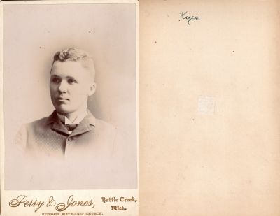 Click to view full size image
==============
David Henry Kyes
This was Donated by Cheryl Webber/ The Terry Girls Genealogy.
This Cabinet Card Photo States: "Kyes"
The Photographers name is "Perry & Jones", Battle Creek, Michigan
David Henry Kyes
This was Donated by Cheryl Webber/ The Terry Girls Genealogy.
This Cabinet Card Photo States: "Kyes"
The Photographers name is "Perry & Jones", Battle Creek, Michigan