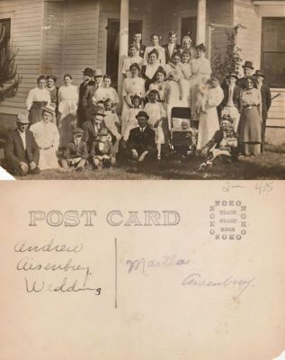 Andrew Aisenbrey Wedding

THIS HAS BEEN RETURNED TO FAMILY

This Real Photo Postcard (RPPC) was Donated by Amber Genett Smits.

This Real Photo Postcard (RPPC) States "Andrew Aisenbrey Wedding"....it is addressed to Martha Aisenbrey.

