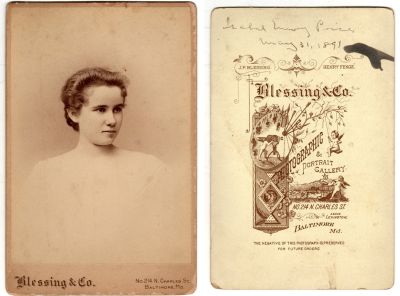 Click to view full size image
==============
Isabel Emory Price
This was Donated by Cheryl Webber/ The Terry Girls Genealogy.
This Cabinet Card Photo States: "Isabel Emory Price, 31 May 1891"
The Photographers name is "Blessing & Co. Photographic & Portrait Company", Baltimore, Maryland
Isabel Emory Price
This was Donated by Cheryl Webber/ The Terry Girls Genealogy.
This Cabinet Card Photo States: "Isabel Emory Price, 31 May 1891"
The Photographers name is "Blessing & Co. Photographic & Portrait Company", Baltimore, Maryland