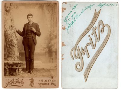 Click to view full size image
==============
Joseph Reichelderfer
This was Donated by Cheryl Webber/ The Terry Girls Genealogy.
This Cabinet Card Photo States: "Your age 15 yrs., long ago, Joseph Reichelderfer"
The date of 12 September 1957 is in upper right corner.
The Photographers name is "Frits", Reading, Pennsylvania
Joseph Reichelderfer
This was Donated by Cheryl Webber/ The Terry Girls Genealogy.
This Cabinet Card Photo States: "Your age 15 yrs., long ago, Joseph Reichelderfer"
The date of 12 September 1957 is in upper right corner.
The Photographers name is "Frits", Reading, Pennsylvania