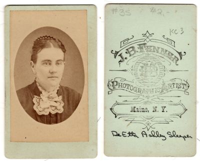 DeEtta Ashley Sleeper

This was Donated by Cheryl Webber/ The Terry Girls Genealogy.

This CdV Photograph States: "DeEtta Ashley Sleeper"

The Photographers name is "J. B. Fennar", Maine, New York
