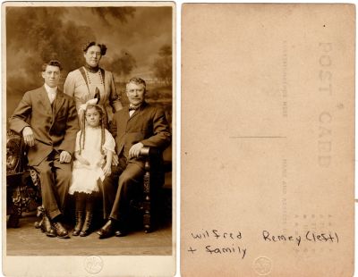 Click to view full size image
==============
Wilfred Remey (Left) & His Family
This was Donated by Cheryl Webber/The Terry Girls Genealogy.
This Real Photo Postcard (RPPC) States: "Wilfred Remey (left) & Family"
Wilfred Remey (Left) & His Family
This was Donated by Cheryl Webber/The Terry Girls Genealogy.
This Real Photo Postcard (RPPC) States: "Wilfred Remey (left) & Family"