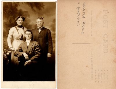 Click to view full size image
==============
Wilfred Remey & His Parents
This was Donated by Cheryl Webber/The Terry Girls Genealogy.
This Real Photo Postcard (RPPC) States: "Wilfred Remey & Parents"
Wilfred Remey & His Parents
This was Donated by Cheryl Webber/The Terry Girls Genealogy.
This Real Photo Postcard (RPPC) States: "Wilfred Remey & Parents"