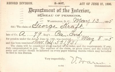 George A. Kraft

This was Donated by Mary Muhlford

Civil War Document for George Kraft

