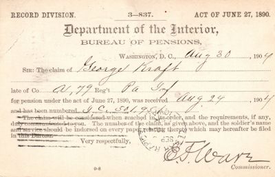 George A. Kraft

This was Donated by Mary Muhlford

Civil War Document for George Kraft
