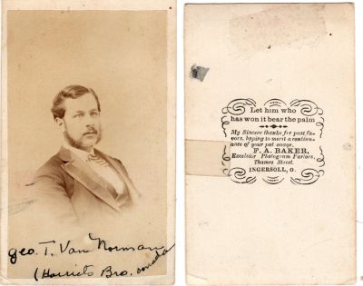 George Tillson VanNorman

This was Donated by Cheryl Webber/ The Terry Girls Genealogy.

This CdV Photograph states: "George T. VanNorman, Harriet's Bro., Canada"

The Photographers name is "F. A. Baker", Ingersoll, Ohio
