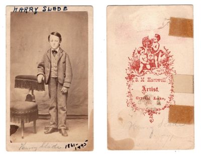 Harry G. Slade

This was Donated by Cheryl Webber/The Terry Girls Genealogy.

This CdV Photograph states: "Harry Slade, 1871"

The Photographers name is "S. M. Hartwell", Crystal Lake, Illinois
