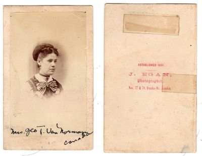 Click to view full size image
==============
Julia Bright Everett Van Norman
This was Donated by Cheryl Webber/ The Terry Girls Genealogy.
This CdV Photograph states: "Mrs. Geo. T. VanNorman, Canada"
The Photographers name is "J. Egan", Nos. 77 & 78, Dundas-St., London. Established 1851
Julia Bright Everett Van Norman
This was Donated by Cheryl Webber/ The Terry Girls Genealogy.
This CdV Photograph states: "Mrs. Geo. T. VanNorman, Canada"
The Photographers name is "J. Egan", Nos. 77 & 78, Dundas-St., London. Established 1851