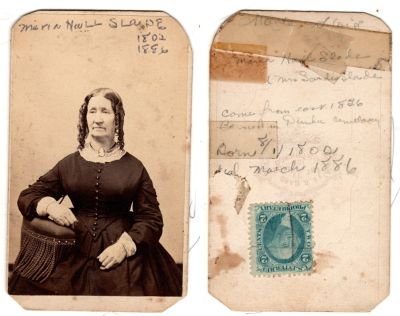 Click to view full size image
==============
Maria Hall Slade
This was Donated by Cheryl Webber/ The Terry Girls Genealogy.
This CdV Photograph states on the front: "Maria Hall Slade, 1802-1886.
The back of the CdV Photograph states: "Maria Hall Slade, (Mrs Sardis Slade). Came from East 1826. Buried in Dundee Cemetery, Born 1 August 1800 & Died March 1886"
Maria Hall Slade
This was Donated by Cheryl Webber/ The Terry Girls Genealogy.
This CdV Photograph states on the front: "Maria Hall Slade, 1802-1886.
The back of the CdV Photograph states: "Maria Hall Slade, (Mrs Sardis Slade). Came from East 1826. Buried in Dundee Cemetery, Born 1 August 1800 & Died March 1886"
