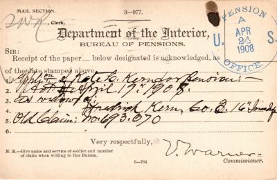 Click to view full size image
==============
Frederick Kern
This was Donated by Mary Muhlfeld.
Frederick Kern
Civil War Document
Frederick Kern
This was Donated by Mary Muhlfeld.
Frederick Kern
Civil War Document