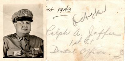 Click to view full size image
==============
1st Lt. Ralph Asriel Jaffee
This was Donated by Cheryl Webber/ The Terry Girls Genealogy.
This Photo States: "Ralph A. Jaffee, 1st Lt., Dental Officer. October 1943"
1st Lt. Ralph Asriel Jaffee
This was Donated by Cheryl Webber/ The Terry Girls Genealogy.
This Photo States: "Ralph A. Jaffee, 1st Lt., Dental Officer. October 1943"