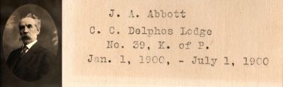 J. A. Abbott

This was Donated by Cheryl Webber/ The Terry Girls Genealogy.

This Photo (Framed) States: "J. A. Abbott, C. C. Lodge, No. 39, K of P. 1 January 1900 - 1 July 1900
