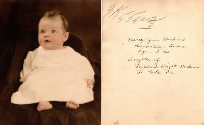Nancy Jean Hoskins

This was Donated by Cheryl Webber/ The Terry Girls Genealogy.

This Photo States: "Nancy Jean Hoskins, Knoxville, Tenn., Age 3, 3 mo., Daughter of Mildred Wright Hoskins, Pi Beta Nu"
