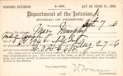 Click to view full size image
==============
Joseph Murphy
This was Donated by Mary Muhlfeld
Civil War Document for Joseph Murphy
Joseph Murphy
This was Donated by Mary Muhlfeld
Civil War Document for Joseph Murphy