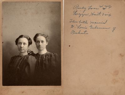 Click to view full size image
==============
Ruby M. Foss Gilman & Elizabeth E. Hart Gilman
This Cabinet Card Photo States: "Ruby Foss, wife. Lizzie Hart, wife. They both married Dr. Louis Gilman of Rochester"
The Photographers name is "Bailey" Rochester, New York.
Ruby M. Foss Gilman & Elizabeth E. Hart Gilman
This Cabinet Card Photo States: "Ruby Foss, wife. Lizzie Hart, wife. They both married Dr. Louis Gilman of Rochester"
The Photographers name is "Bailey" Rochester, New York.