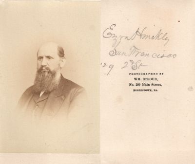 Click to view full size image
==============
J. Ezra Hinckley
This CdV Photograph States: "Ezra Hinckley, San Francisco, 129 2nd Street"
The Photographers name is "W. M. Stroud", #209 Main Street, Norristown, Pennsylvania
NOTE: J. Ezra Hinckley is listed in the 1869 San Francisco city directory as a “bedspring manufacturer” and residing at 129 2nd St. By 1873, he was listed in a different location.
J. Ezra Hinckley
This CdV Photograph States: "Ezra Hinckley, San Francisco, 129 2nd Street"
The Photographers name is "W. M. Stroud", #209 Main Street, Norristown, Pennsylvania
NOTE: J. Ezra Hinckley is listed in the 1869 San Francisco city directory as a “bedspring manufacturer” and residing at 129 2nd St. By 1873, he was listed in a different location.