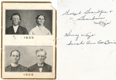 Henry Mize & Sarah Ann DuBois Mize

THIS HAS BEEN RETURNED TO FAMILY

This Anniversary Card States: "Great Grandpa & Grandma Mize. Henry Mize & Sarah Ann DuBois"

