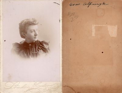Eva Alpaugh

This was Donated.

This Cabinet Card Photo States: "Eva Alpaugh"

The Photographers name is "Stadon", Hudson, Michigan
