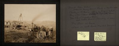 Click to view full size image
==============
Charley Greene, Ray Greene, Clementine Greene, Maude, Fanny & Mr. Blair
This photo mounted on board states: "Taken on Harry Bair's Ranch in Naches, Washington.
Charley or C. E. Greene Sitting on Engine Wheel.
Ray or O. R. Greene Standing operating engine.
Mrs. C. E. or Clementine Greene and Nellie Greene standing in door.
Mr. Bair on horse
Team on cook house, Maude and Fannie.
Taken in Naches, Yakima, Washington about 1909"
Charley Greene, Ray Greene, Clementine Greene, Maude, Fanny & Mr. Blair
This photo mounted on board states: "Taken on Harry Bair's Ranch in Naches, Washington.
Charley or C. E. Greene Sitting on Engine Wheel.
Ray or O. R. Greene Standing operating engine.
Mrs. C. E. or Clementine Greene and Nellie Greene standing in door.
Mr. Bair on horse
Team on cook house, Maude and Fannie.
Taken in Naches, Yakima, Washington about 1909"