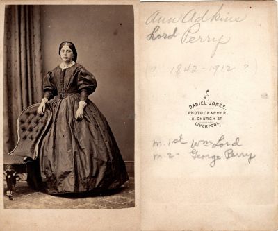 Click to view full size image
==============
Ann Adkins Lord Perry
This CdV Photograph States: "Ann Adkins Lord Perry, 1842-1912?, m. 1st- Wm Lord & m. 2nd- George Perry"
The Photographers name is "Daniel Jones", Liverpool, England.
Ann Adkins Lord Perry
This CdV Photograph States: "Ann Adkins Lord Perry, 1842-1912?, m. 1st- Wm Lord & m. 2nd- George Perry"
The Photographers name is "Daniel Jones", Liverpool, England.
