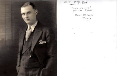 Cecil James King

This was Donated by Elaine Swan

This Photo States: "Cecil James King, indirect relative, Step Son of Maude Harris, Des Moines, Iowa"

NOTE: Cecil was Maude (Hardenbrook) Harris' son-in-law...not step-son as indicated on the photo.
