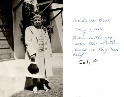 Click to view full size image
==============
Addie Mae Leach
This was Donated by Elaine Swan
This Photo States: "Addie Mae Leach, 1 May 1944. Taken in the yard where Ethel & Bert Paul lived in Long Beach, California"
Addie Mae Leach
This was Donated by Elaine Swan
This Photo States: "Addie Mae Leach, 1 May 1944. Taken in the yard where Ethel & Bert Paul lived in Long Beach, California"