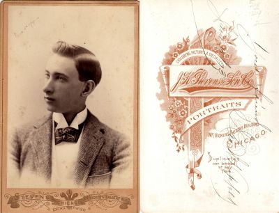 Click to view full size image
==============
George W. Hopper
This Cabinet Card Photo on the front States: "Geo. Hopper"
The back of the Cabinet Card Photo states: "Your friend, Geo. W. Hopper, 15 January 1893"
The Photographers name is "Stevens", Chicago, Illinois.
George W. Hopper
This Cabinet Card Photo on the front States: "Geo. Hopper"
The back of the Cabinet Card Photo states: "Your friend, Geo. W. Hopper, 15 January 1893"
The Photographers name is "Stevens", Chicago, Illinois.