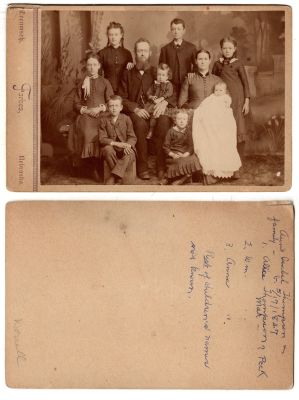 Click to view full size image
==============
Rev. James A. Thompson & Nancy Isabel Hushaw Thompson
This Cabinet Card Photo States: "Aunt Isabel Thompson Family, b. 17 May 1847.
1. Alice Thompson-Mar--Peck?
2. Wm.
3. Anna
Rest of children's names not known
The Photographers name is "Forbes", Tecumseh, Nebraska
Rev. James A. Thompson & Nancy Isabel Hushaw Thompson
This Cabinet Card Photo States: "Aunt Isabel Thompson Family, b. 17 May 1847.
1. Alice Thompson-Mar--Peck?
2. Wm.
3. Anna
Rest of children's names not known
The Photographers name is "Forbes", Tecumseh, Nebraska