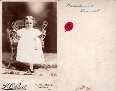 Click to view full size image
==============
Mildred Oneida Smith Honodel
This Cabinet Card Photo States: "Mildred Smith Hounidell"
The Photographers name is "W. C. Bell", Frederick, Maryland
Mildred Oneida Smith Honodel
This Cabinet Card Photo States: "Mildred Smith Hounidell"
The Photographers name is "W. C. Bell", Frederick, Maryland