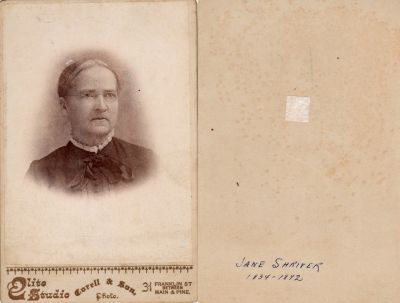 Click to view full size image
==============
Jane Ensign Shriver
THIS HAS BEEN RETURNED TO FAMILY
This was Donated by Cheryl Webber/ The Terry Girls Genealogy.
This Cabinet Card Photo States: "Jane Shriner, 1834-1892"
The Photographers name is "Elite Studio, Corell & Son", 31 Franklin Street, between Main & Pine
Jane Ensign Shriver
THIS HAS BEEN RETURNED TO FAMILY
This was Donated by Cheryl Webber/ The Terry Girls Genealogy.
This Cabinet Card Photo States: "Jane Shriner, 1834-1892"
The Photographers name is "Elite Studio, Corell & Son", 31 Franklin Street, between Main & Pine