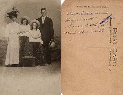 Levi J. Troth, Sarah Beach Troth & Hazel J. Troth

This was Donated by Cheryl Webber/ The Terry Girls Genealogy.

This Real Photo Postcard (RPPC) States: "Aunt Sarah Troth, Hazel Troth, Sarah Troth & Uncle Levi Troth"

The Photographers name is "H. Lewis", Atlantic City, New Jersey.
