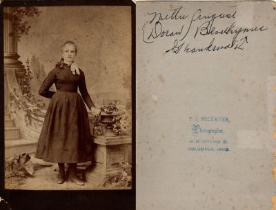 Click to view full size image
==============
Nettie August Doran Bevelhymer
This was Donated by Cheryl Webber/The Terry Girls Genealogy.
This Cabinet Card Photo States: "Nettie August Doran Bevelhymer, Grandma"
The Photographers name is "Buckmyer", Columbus, Ohio.
Nettie August Doran Bevelhymer
This was Donated by Cheryl Webber/The Terry Girls Genealogy.
This Cabinet Card Photo States: "Nettie August Doran Bevelhymer, Grandma"
The Photographers name is "Buckmyer", Columbus, Ohio.