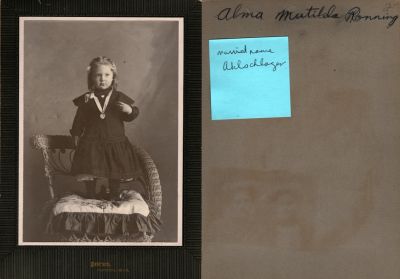 Alma Mathilda Ronning

This was Donated by Cheryl Webber/The Terry Girls Genealogy.

This photo mounted on board states: "Alma Matilda Ronning. Married name Ahlschlager"

The Photographers name is "Peterson", Ruthton, Minnesota.
