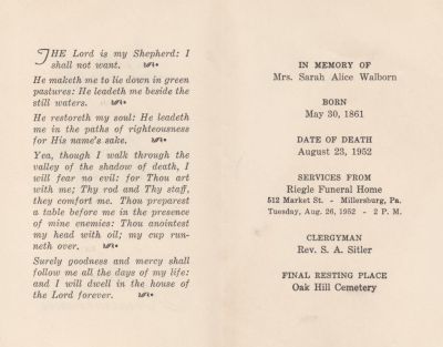 Click to view full size image
==============
Sarah Alice Bohner Walborn Memorial
THIS HAS BEEN RETURNED TO FAMILY
Memorial for Sarah Alice Bohner Walborn
Sarah Alice Bohner Walborn Memorial
THIS HAS BEEN RETURNED TO FAMILY
Memorial for Sarah Alice Bohner Walborn